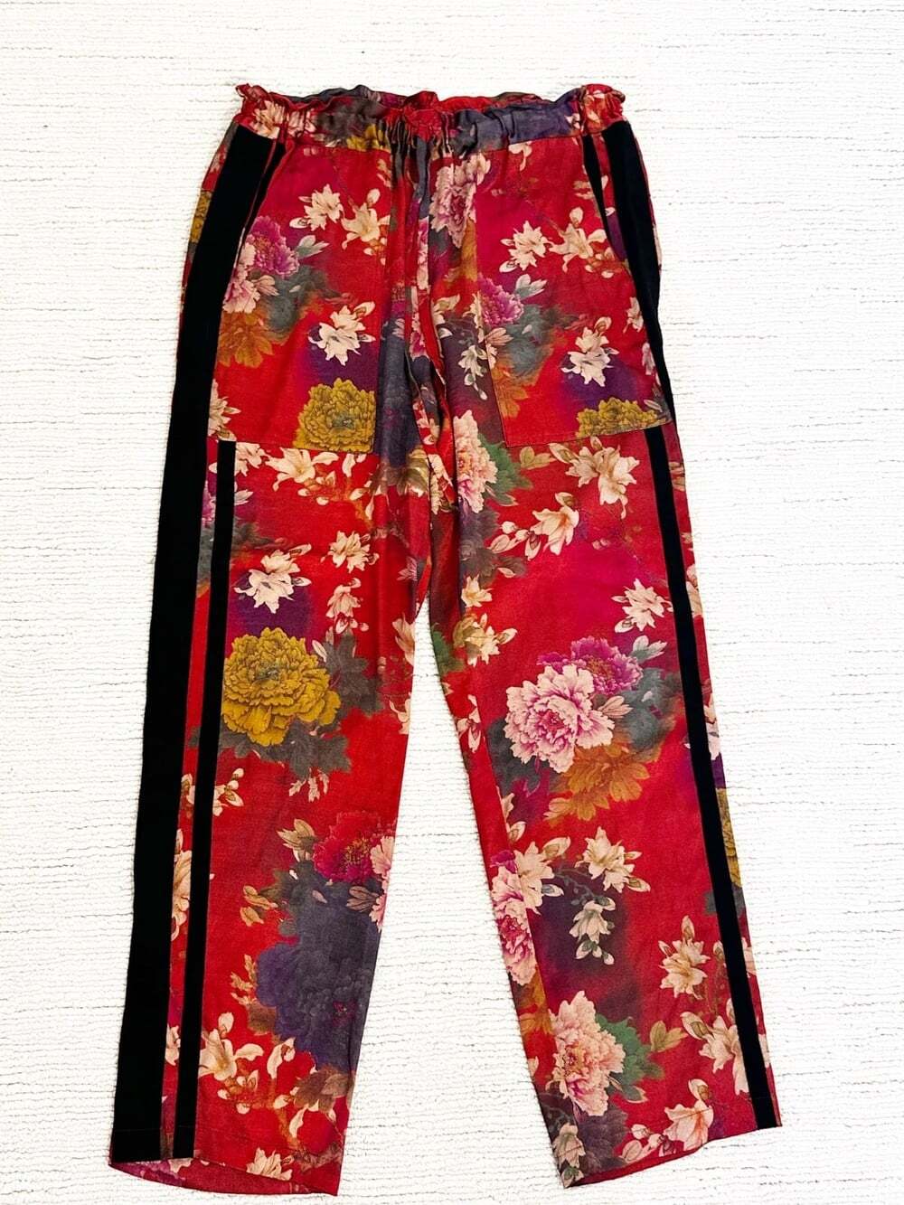 JOHNNY WAS Sz XS Red Floral Pants Silk Blend Straight Leg Drawstring Cottagecore